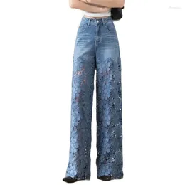 Dames jeans mode 2023 lente zomer high-taile openwork kanten stiksel denim brede poten broek vrouwelijke rechte broek