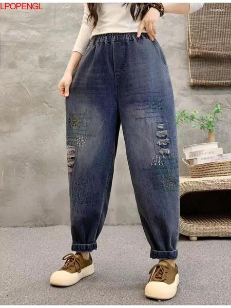 Fashion de jeans pour femmes 2024 Spring rétro et style ethnique en détresse lâches denim Harem Pantal