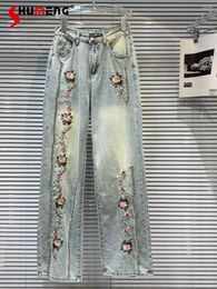 Jeans pour femmes mode 2024 Summer Chinois Style Floring broderie Gradient Straight Comfort Nice Clothes