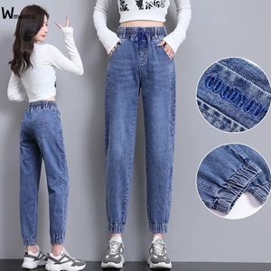 Jeans Femme Mode cheville longueur Harem jean femmes décontracté élastique taille haute Denim pantalon Streetwear cordon survêtement pantalon femme 230310