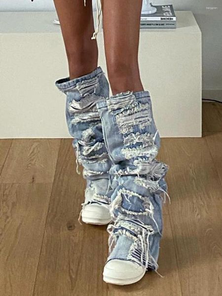 Jeans pour femmes, chaussettes sous le genou, manches en Denim déchirées, bas de fête à thème d'été, Streetwear