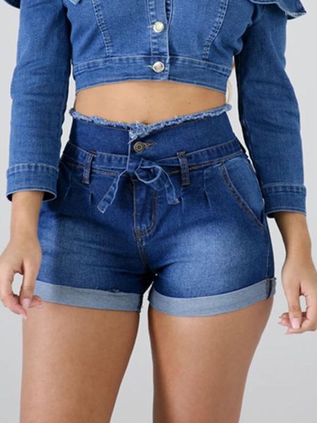Jeans pour femmes mode ceinture femmes gland mince taille haute décontracté short à revers été