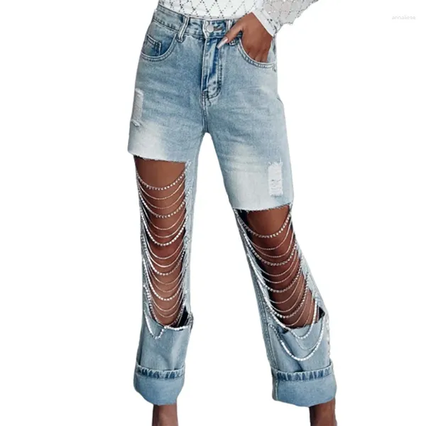 Jeans pour femmes Mode Big trous cassés chaîne épissage décoration droite femmes centre creux denim pantalon femme pantalon décontracté