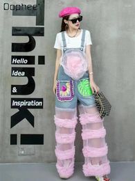 Jeans pour femmes Marque de mode Mesh Couture Denim Pantalon à bretelles Femmes 2024 Printemps Automne Lâche Heavy Industry 3D Fleur Wide-Leg Femme