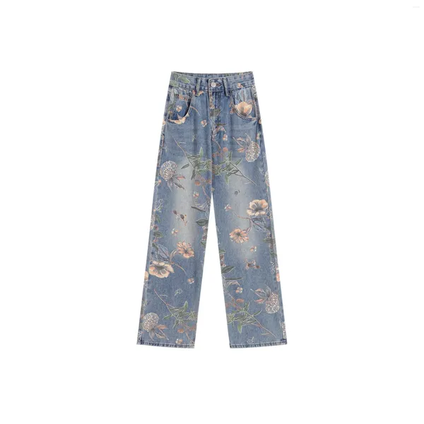 Jeans pour femmes Design de mode Femmes Baggy Y2K Fleur Imprimer StreetwearCowboy Pantalon Taille Haute Jambe Large Bleu Denim Pantalon Vêtements