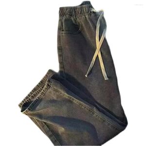 Dames jeans mode elastische taille wraden trekstring rechte denim broek winter warm verdikte eenvoudige preppy stijl trouse