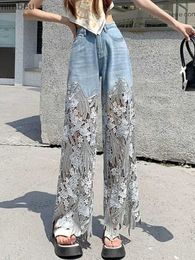 Women's Jeans Mode jean élégant pour femmes taille haute dentelle patchwork évider pantalons irréguliers De Mujer décontracté ample tout Match PantsC24318