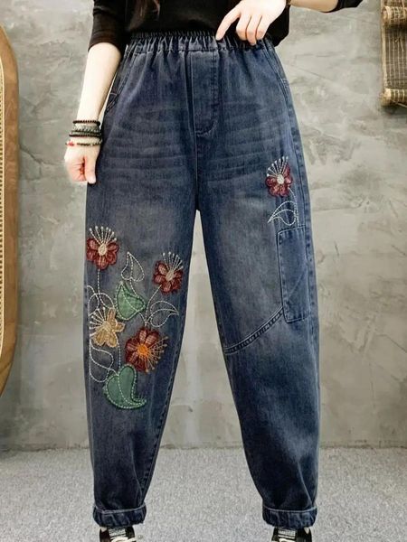 Jeans para mujer Moda estilo étnico bordado mujeres otoño cintura elástica arte retro suelto recto lavado y desgastado pantalones harem