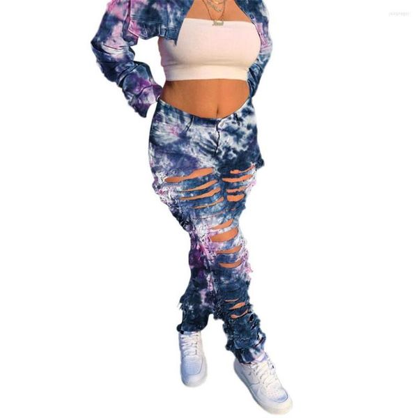 Jeans pour femmes Mode Europe-USA Style Femmes / Fille Taille moyenne Trou cassé Évider Tie-Dye Type droit Jean High Street Hip-Hop Cowboy