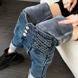 Damesjeans Mode Fleece Hoge Taille Slanke Stretch Skinny Potloodbroek Dikke Pluche Kruistaille Denim Broek Streetwear 231208