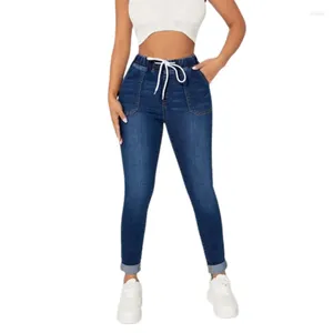 Jeans De Mujer Moda Frente Atrás Bolsillos Dobles Empalme Lápiz Mujeres Cintura Elástica Con Cordones Pantalones De Nueve Minutos Pantalones De Mezclilla Para Mujer