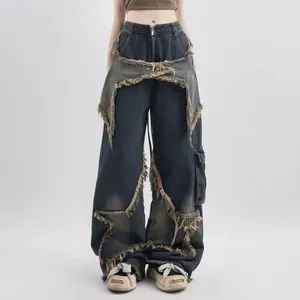 Jeans pour femmes Mode Harlem Bleu Contraste Taille haute American Street Wide Leg Hip Hop Rétro Droit Automne Pantalon