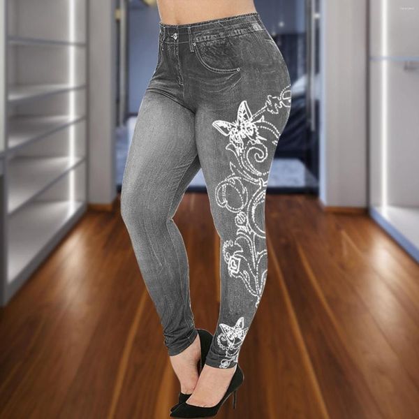 Jeans pour femmes mode taille haute hanche ascenseur Stretch mince impression Faux Denim Yoga pantalon Fitness dames fond