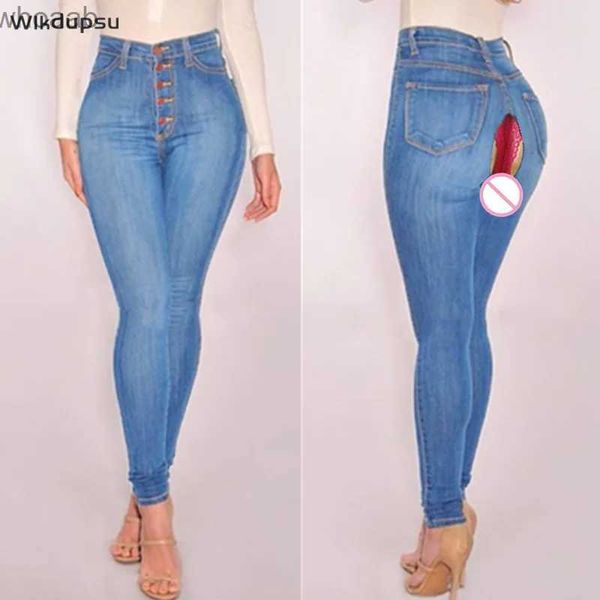 Jeans de mujer Moda Jeans de cintura alta Pantalones pitillo de mujer Pantalones de mezclilla Lencería con entrepierna abierta Outddor Sex Public Serect Jeans Ropa femenina YQ240104