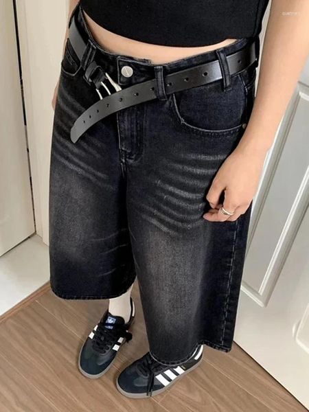 Jeans féminins mode haute taille noire lavage du genou short denim large jambe pantalon baggy femme noire y2k style femelle décontractée