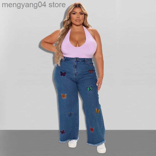 Jeans pour femmes mode haute taille plus taille papillon broderie brut ourlet large jambe jean s-5xl pocket de poche inclinée pantalon denim surdimensionné T230530