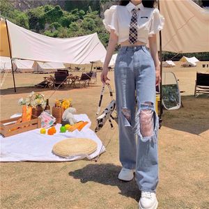 Jeans pour femmes Fashion Highquality Lace Ripped Design Highwaisted Jean's Waist Slimming Loose Straight Tube Thin Pantalons Étudiants 230324