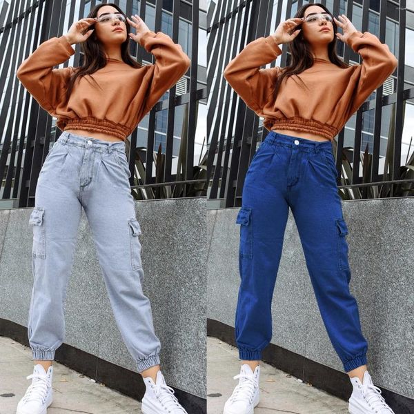 Jeans féminins mode Light Blue Pocket Hight Taist Denim Pantalons Femmes Femmes Casual Elastic Street Bottom Jogger Automne Hiver