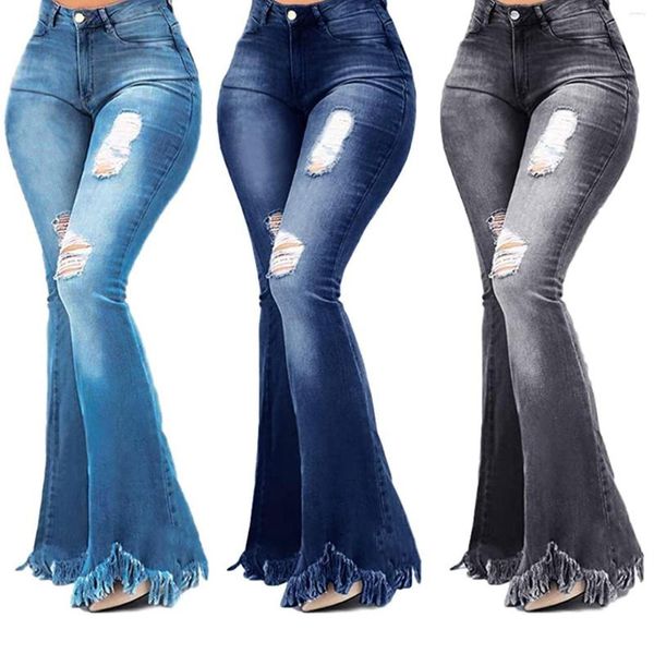 Jeans pour femmes Fashion Matching Slim Wide Leg Washed Ripped Denim Flare Pants