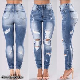 Jeans para mujer Lápiz de moda Pantalones de mezclilla flacos Mujeres Lavado Estiramiento Mediados de cintura Agujero rasgado Ahuecado S-3XL