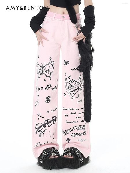 Jeans pour femmes mode graffitis personnalisé pour les femmes concept doux et cool filles rose hauteur large jambe d'automne pantalon denim