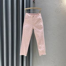 Damesjeans Fashion Pink Cropted Women 2024 lente en zomer dunne stretch hoge taille slanke letter boren rechte broek vrouw