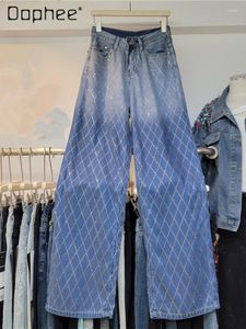 Jean pour femmes Fashion Plaid Drilling Denim Pantums 2024 Spring Summer Thin High Wistr Loose Dropping Mop Ligne Pantalon Femme
