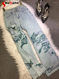 Dames jeans mode rietrode Chinese inkt schilderij rechte broek afslank 2024 zomer all-matching denim broek