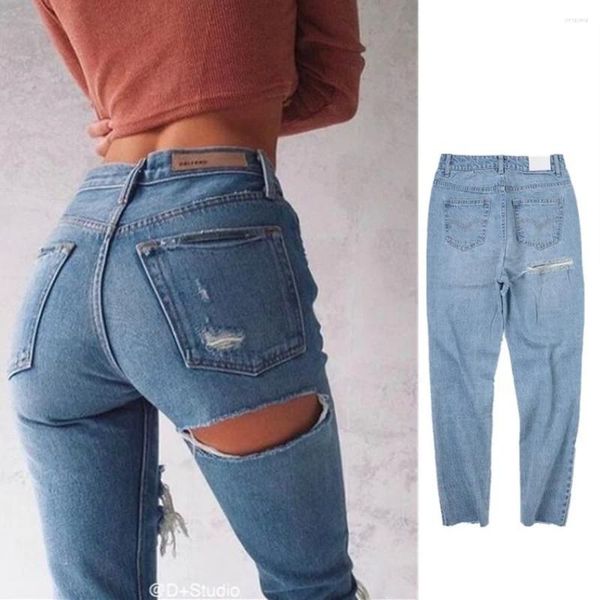 Jeans pour femmes mode sexy haute taille féminine pantalon streetwear fesses trou de petit ami déchiré pour