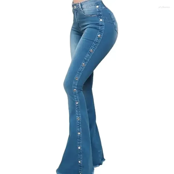 Jeans pour femmes Mode côté clouté boucle décoration évasée femmes pantalons à jambes larges taille haute pantalon en denim quotidien décontracté chic streetwear