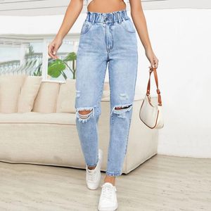 Jeans pour femmes Fashion Solid Hole Ripped Wash Blue Pantal