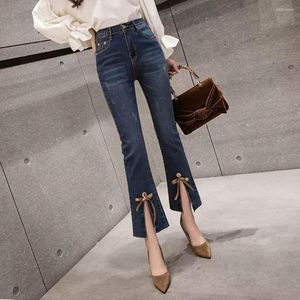 Jeans femme mode fendu mince Flare femmes taille haute 2023 printemps automne recadrée Denim pantalon dames élégant nœud jambe large