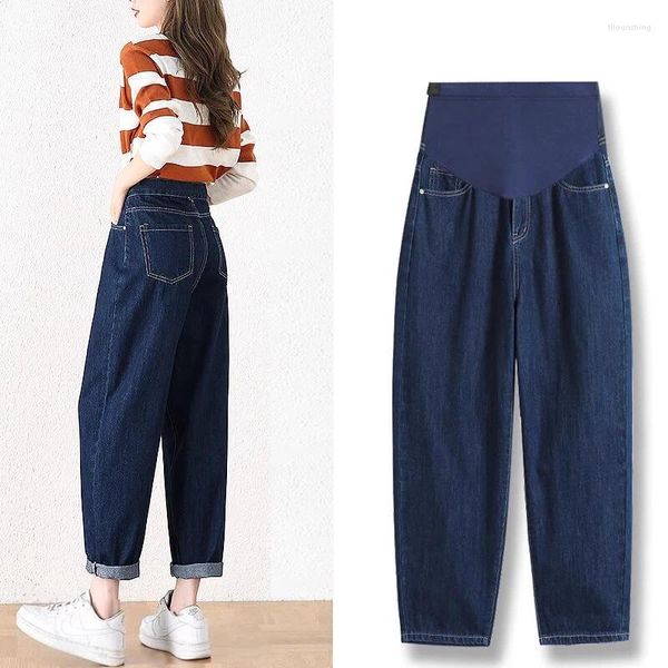 Jeans pour femmes fashion printemps et automne bleu marine haut pantalon à jambes larges de taille ajusté maternité