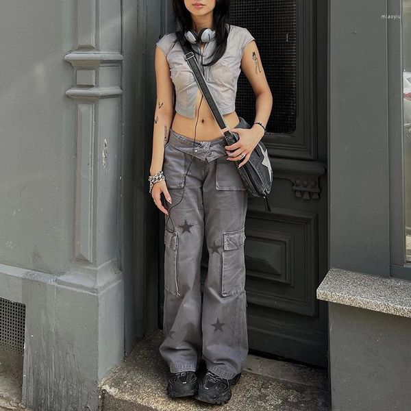 Jeans pour femmes Fashion Street Style rétro Taille basse Denim Cargo Pantalon Xingx Imprimer Grande poche Élégant Droit Casual pour les femmes
