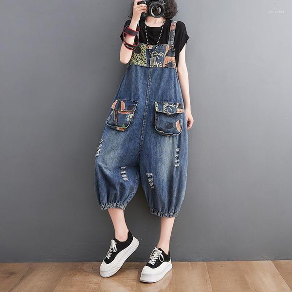 Jeans pour femmes mode Streetwear imprimer salopette en jean pour femmes salopette bretelles Baggy barboteuses pantalon ample jambe large combinaison Q132