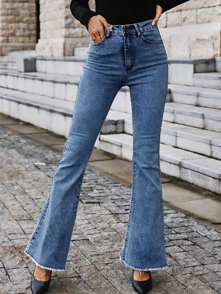 Jeans pour femmes mode stretch déchiré pour les femmes taille haute jambe large élastique épissage pantalon évasé streetwear denim pantalon