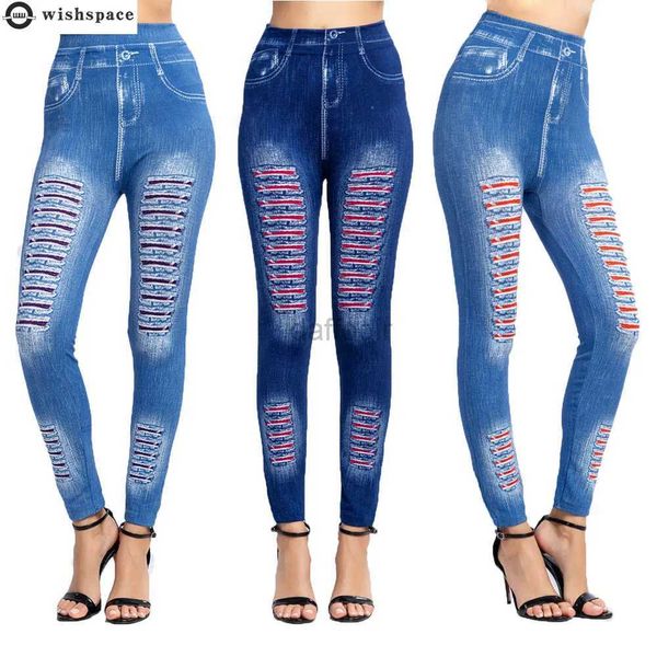 Jeans pour femmes Mode Stripe Imprimé Imitation Denim Leggings Élastique Slim HipTight Pantalon Bubble Butt Pant Jeans Femmes Yoga Sportswear 24328