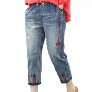 Damesjeans Fashion Summer Ladies scheurden losse vrouwen casual borduurwerk denim broek vintage vrouwelijke elastische harembroek dames