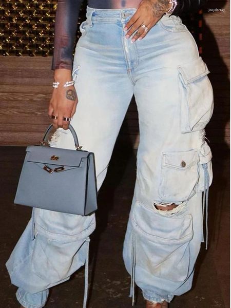 Jeans pour femmes Mode Vintage Femmes Safari Style Déchiré Cordon Ourlet Taille Élastique Multi Poche Denim Pantalon Cargo Pantalon Droit