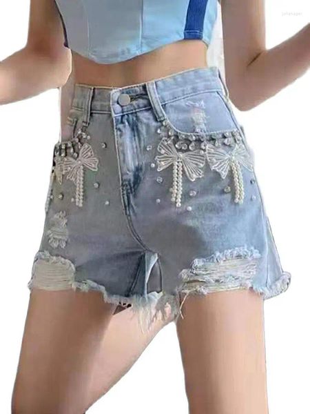 Jeans pour femmes Fashion Waist Beads Denim Shorts 2024 Été Per perlé lâche mince High Ripped Net Red Pant Vêtements