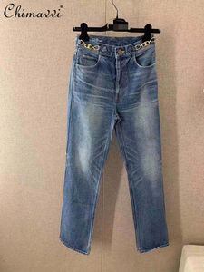 Pantalones vaqueros de mujer lavado a la moda de cintura alta ajustados con cadena de Metal decorativos pantalones de mezclilla primavera otoño azul claro Retro pantalones de pierna recta 230422