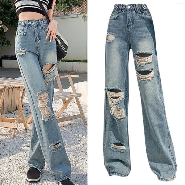 Jeans pour femmes mode jambe large déchiré pantalon été taille haute droite lâche maigre conception neuf quarts