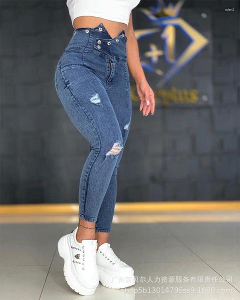 Jeans para mujer Moda Mujeres 2024 Botón Cintura alta Agujeros delgados para