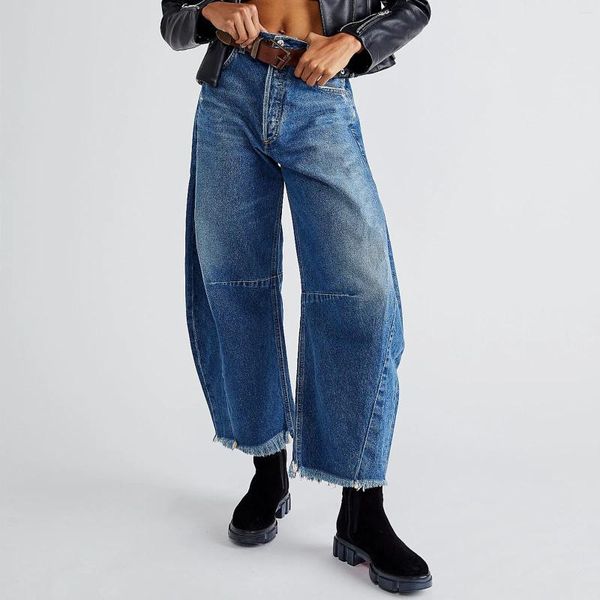 Jeans pour femmes Mode Femmes Baggy Mi Taille Large Jambe Lâche Boyfriend Denim Pantalon Droit Court Baril Y2k Streetwear