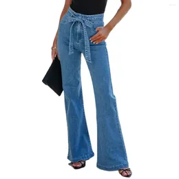 Jeans pour femmes mode femmes coton spandex flare ourlet bleu noir deux couleurs hautes taille avec bowknot européen