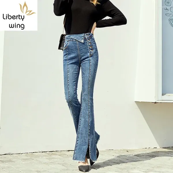 Jeans pour femmes Mode Femmes Taille haute Boutons Glands Denim Flare Slim Fit Push Up Bureau Dames Pantalons longs Pantalons