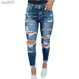 Damesjeans Mode Dames Binnenkant Gesplitste jeans van geruite stof Vintage gebroken gaten Potloodbroek Casual Commuter Hip-lifting broek 240304