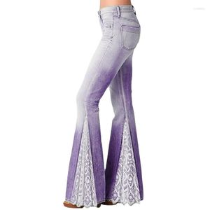 Jeans pour femmes Mode Femmes Dentelle Patchwork Pantalon Imitation Denim Taille Haute Cloche Bas Pantalon À Volants Lady Streetwear Fleur Imprimer Costume