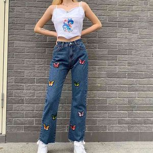 Jeans pour femmes Mode Jeans pour femmes Y2K High Streetwear Taille Pantalon Baggy Denim Pantalon Maman Boyfriend Mid-rise Butterfly Print Bootcut Jeans T220825