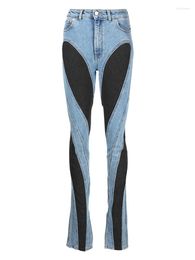 Mode Damesjeans Slank Deconstrueren Panelen Patchwork Hoge Taille Split Blauwe Lange Denim Broek Herfst
